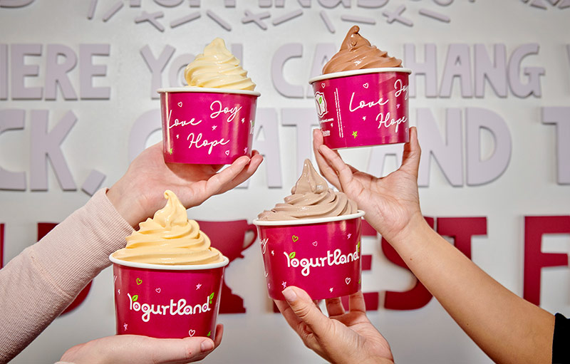 Two cups of Yogurtland frozen yogurt with candy toppings.