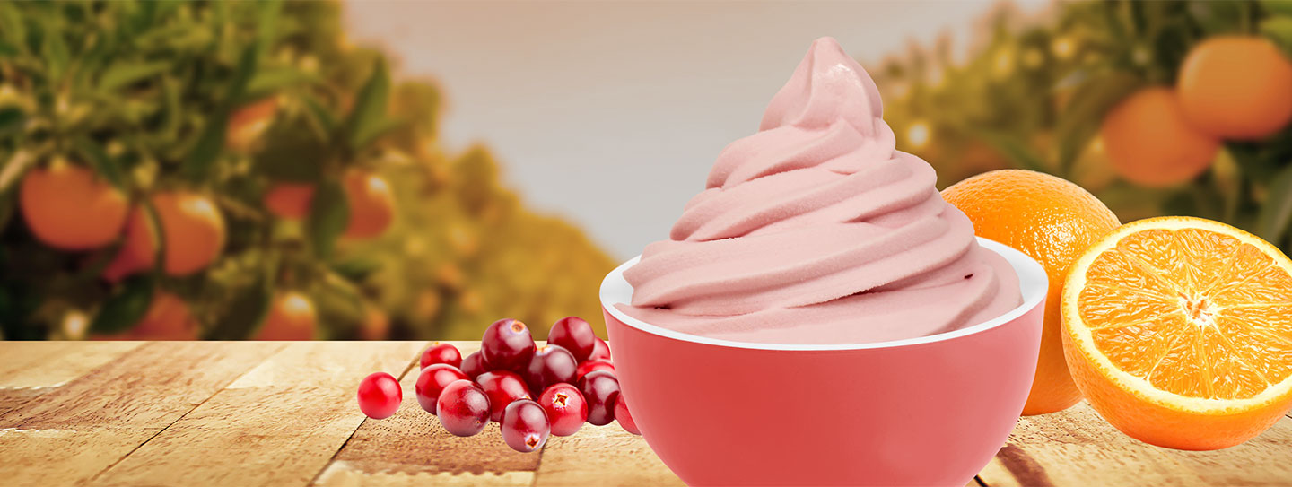 A cup of frozen yogurt alongside cranberries and oranges.