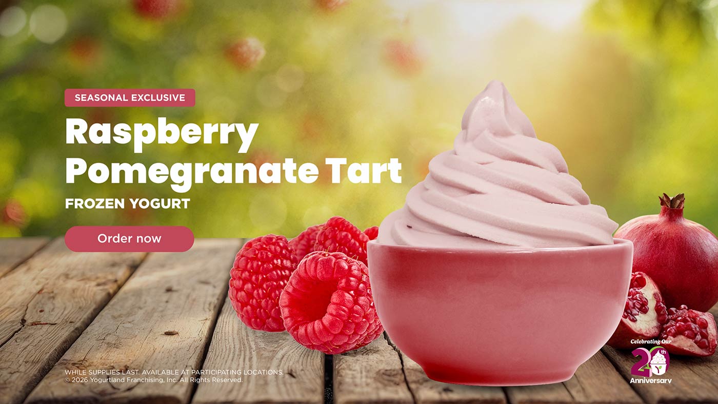 Raspberry Pomegranate Tart Frozen Yogurt - order now! While supplies last. Available at participating Locations. Copyright 2026 Yogurtland Franchising, Inc. All Rights Reserved.